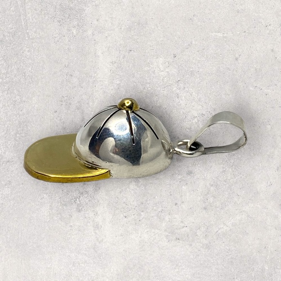 925 Mexico 2Tone Sterling Silver Baseball Softball Sports Cap Hat MEDIUM Pendant - Picture 3 of 5